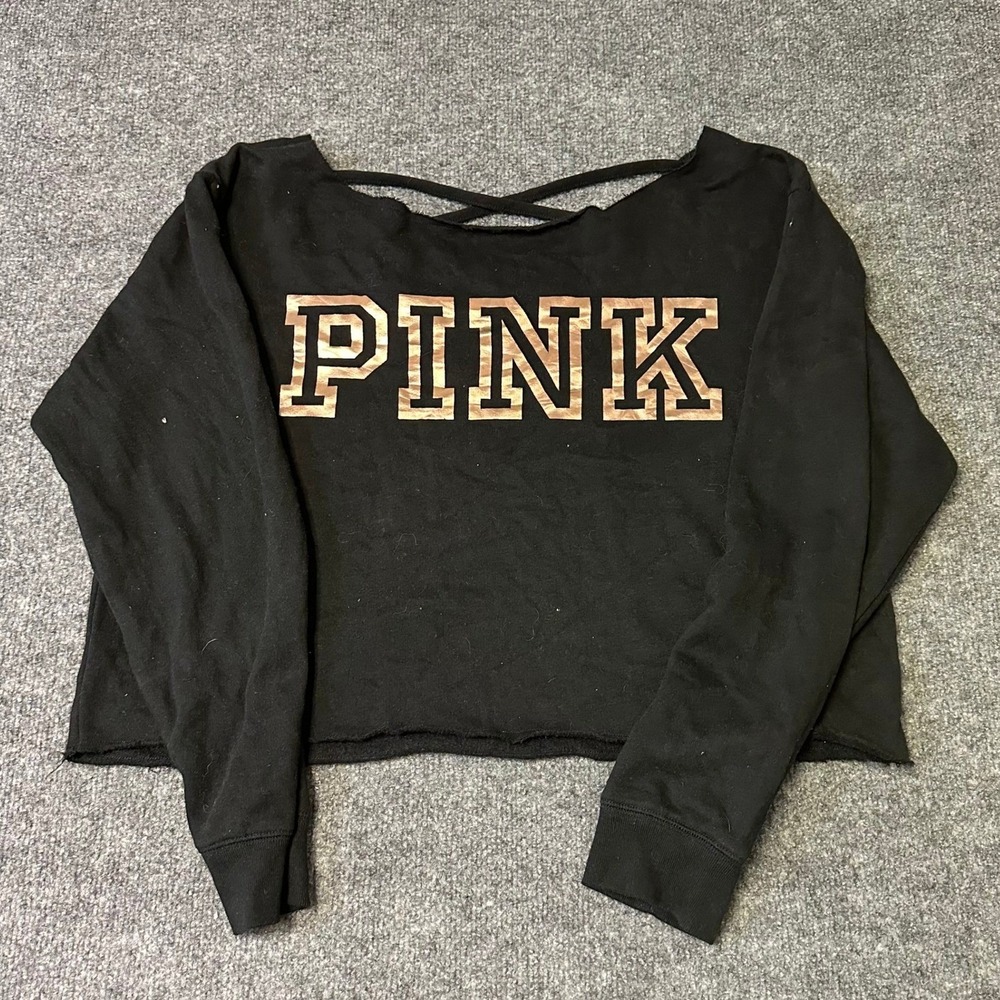 PINK Sweatshirt Womens Size M Black Camo Logo Criss Cross Back Cropped Pullover